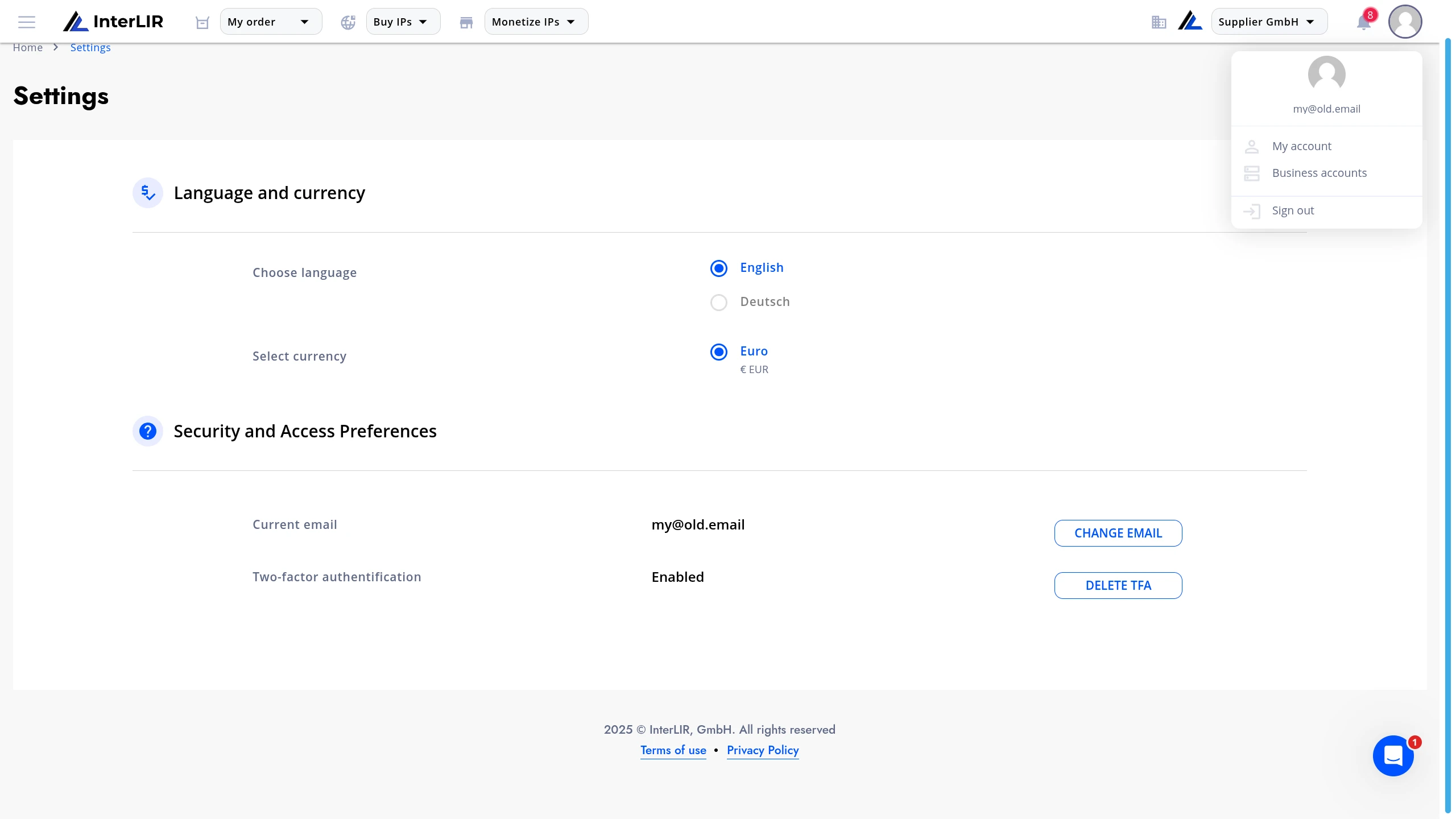 Account dropdown