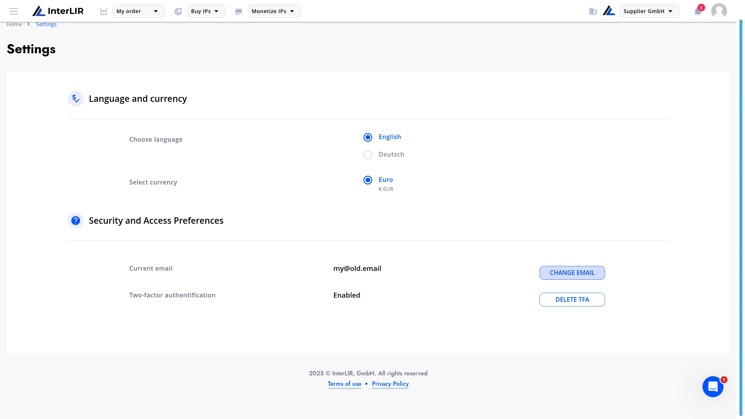 Settings screen