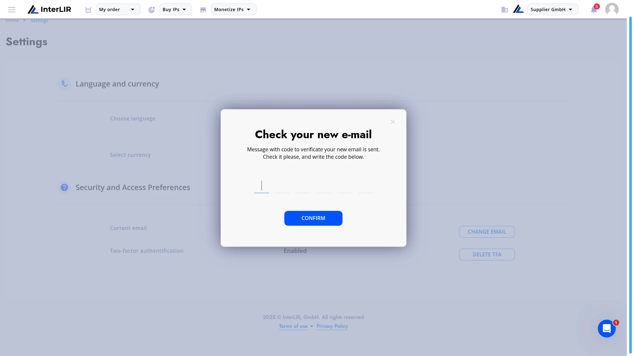 Updated email in settings