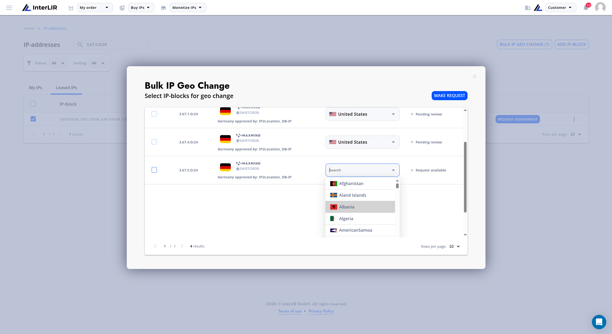 Bulk IP Geo Change modal with the list of IP-blocks