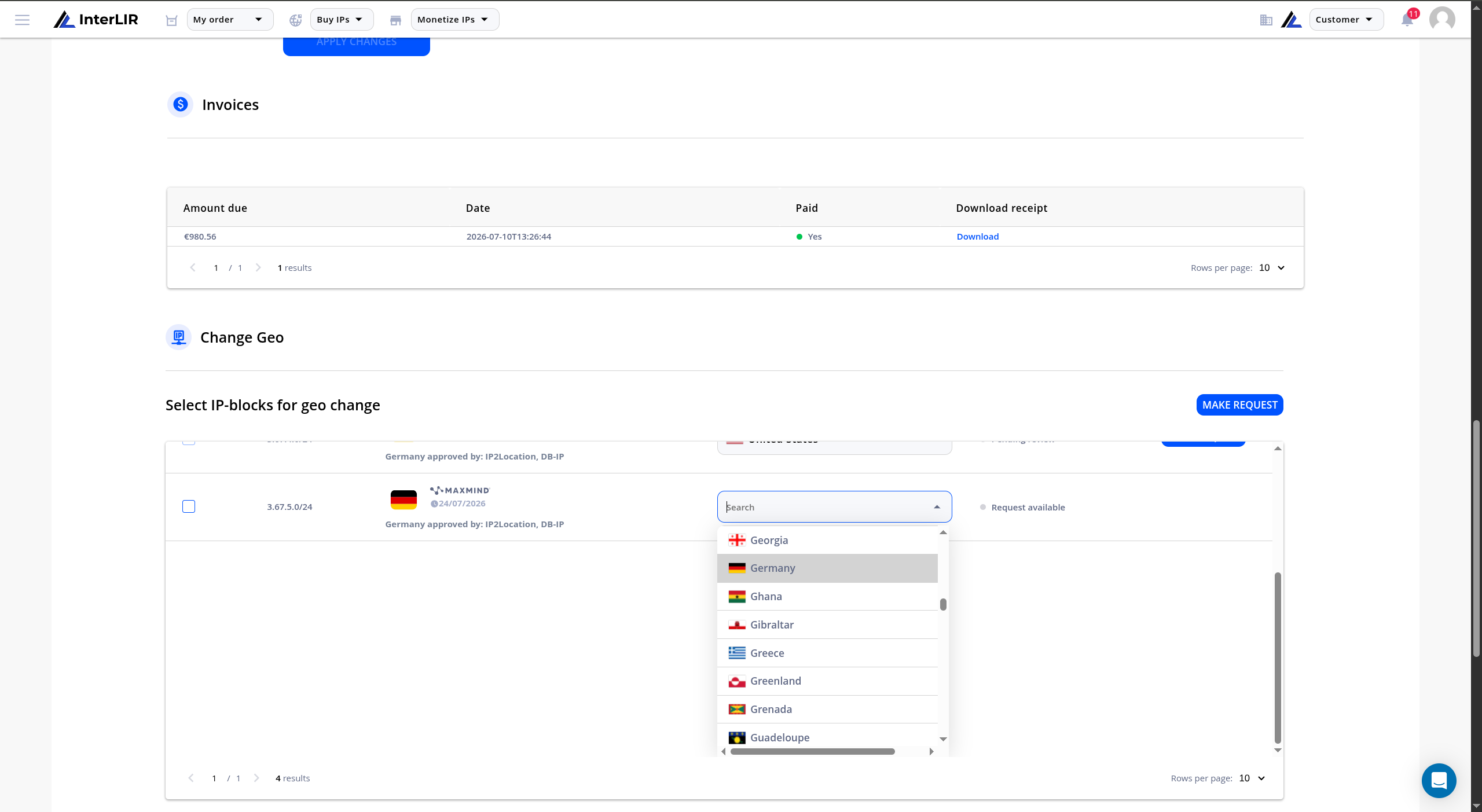 IP-blocks set to Pending review with the Cancel request action