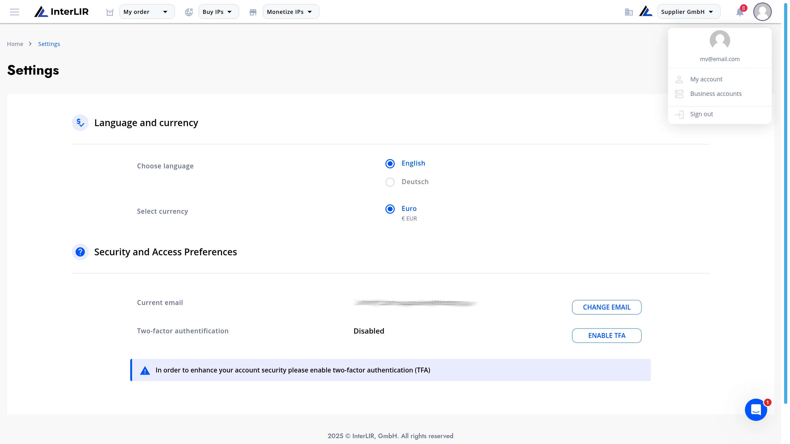 My account dropdown