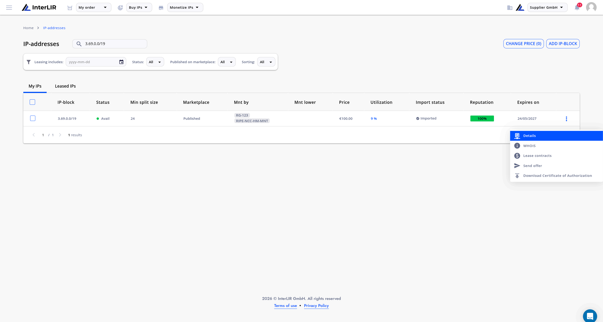 Open contract details from the IP-blocks table
