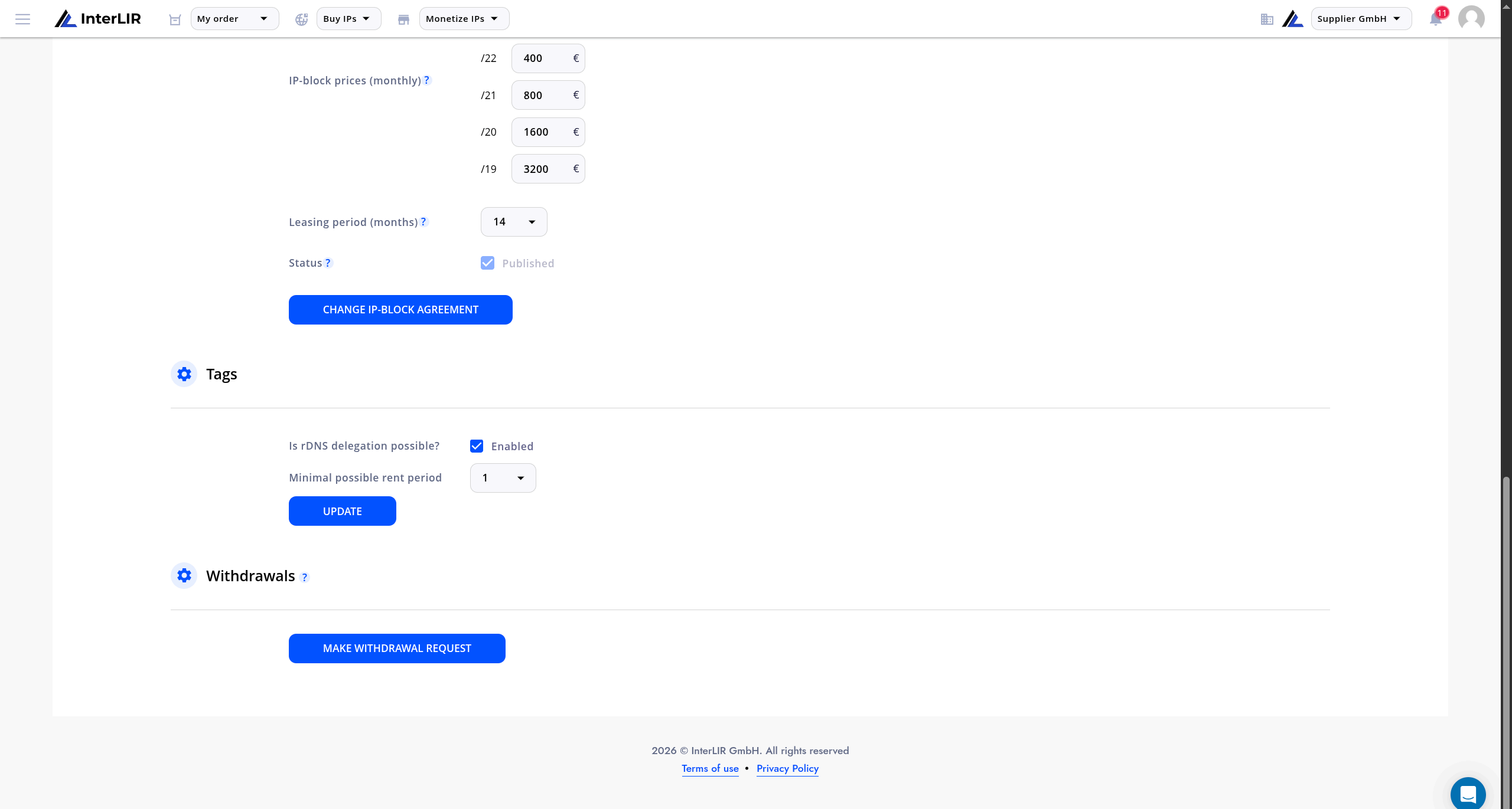 Withdrawals section in contract details