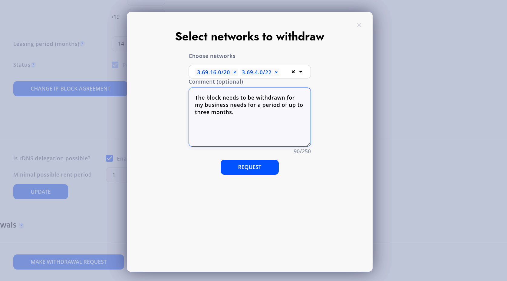 Select networks to withdraw and submit the request